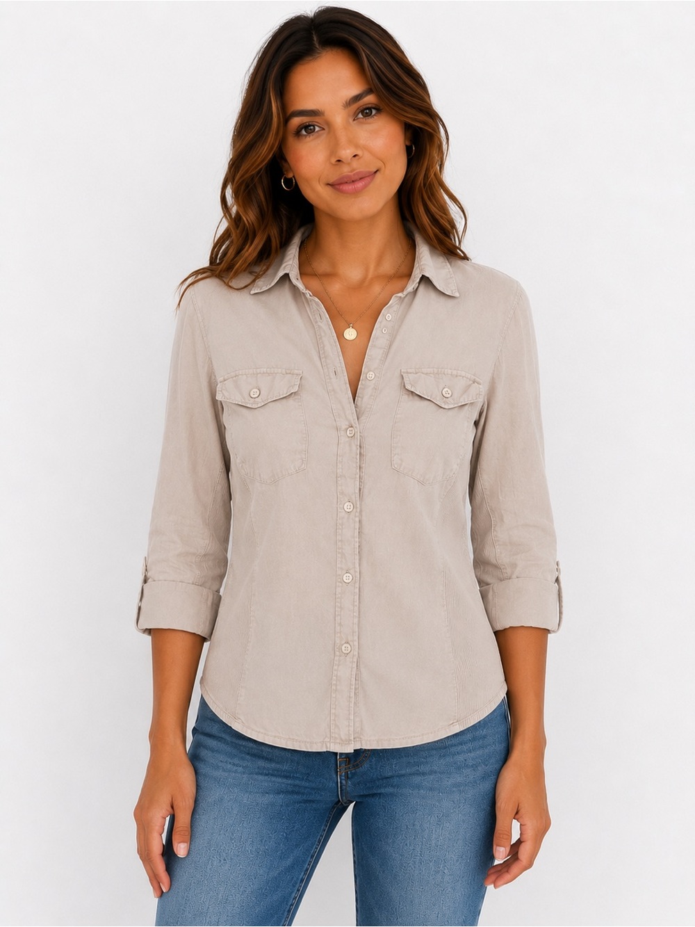 James Perse Taupe Button-Down Shirt with Chest Pockets